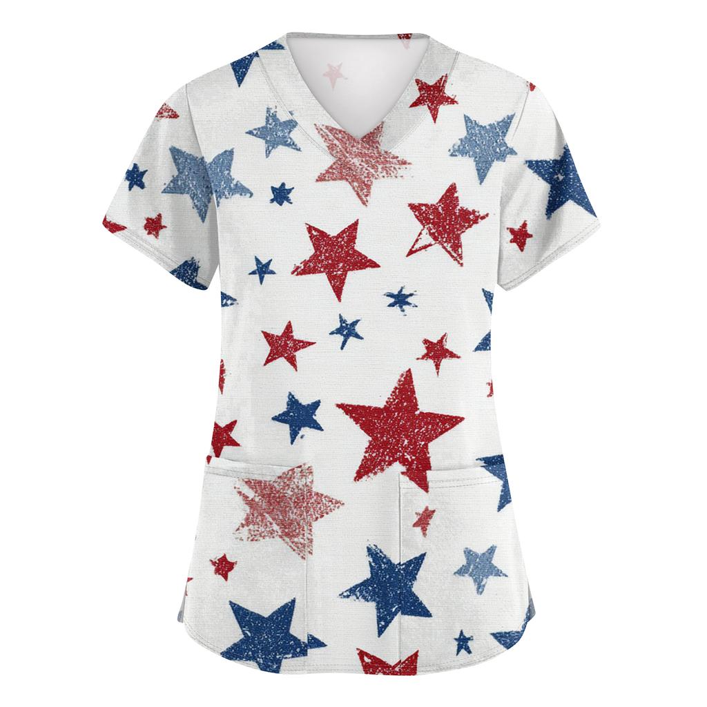 Women's Fashionable V-Neck Short-Sleeved Work Top With Pockets And Independence Day Print  Uniform