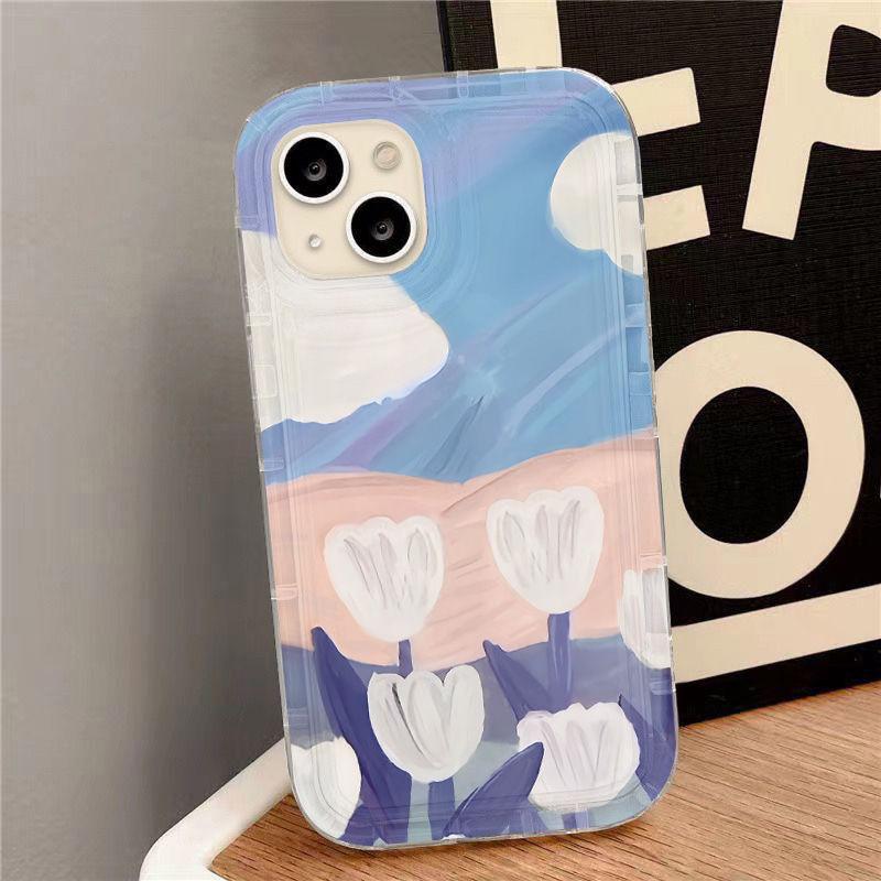 ins wind oil painting tulip for iPhone17Pormax mobile phone case 16pro Apple 14 soft case 15/13