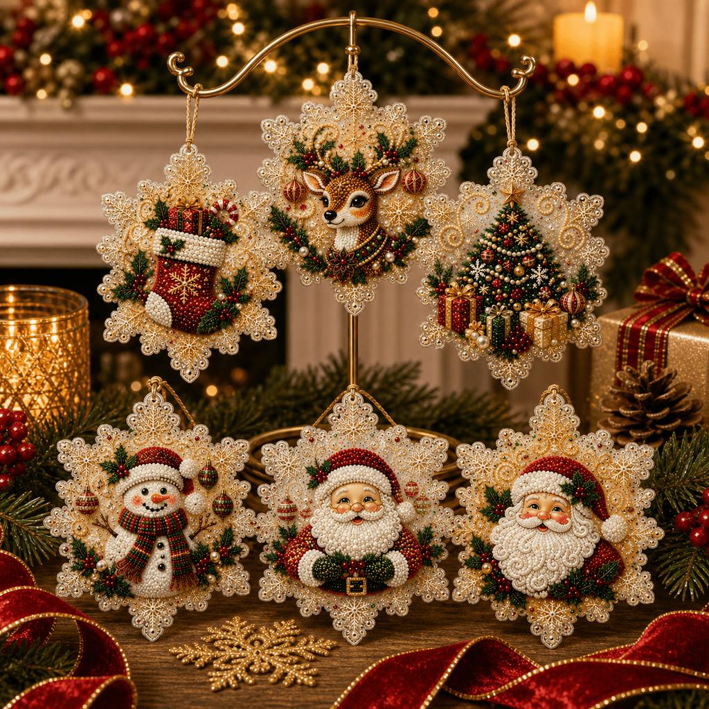 6 Stück Weihnachts-Diamantmalerei-Ornamente DIY Schneeflocke Rentier Strumpf Schneemann Baum Feiertags-Hängedekorationen