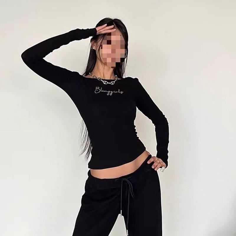Y2K Retro Style Spicy Girl Letter Hot Diamond Low Neck Short Cut Exposed Navel Black Top for Women