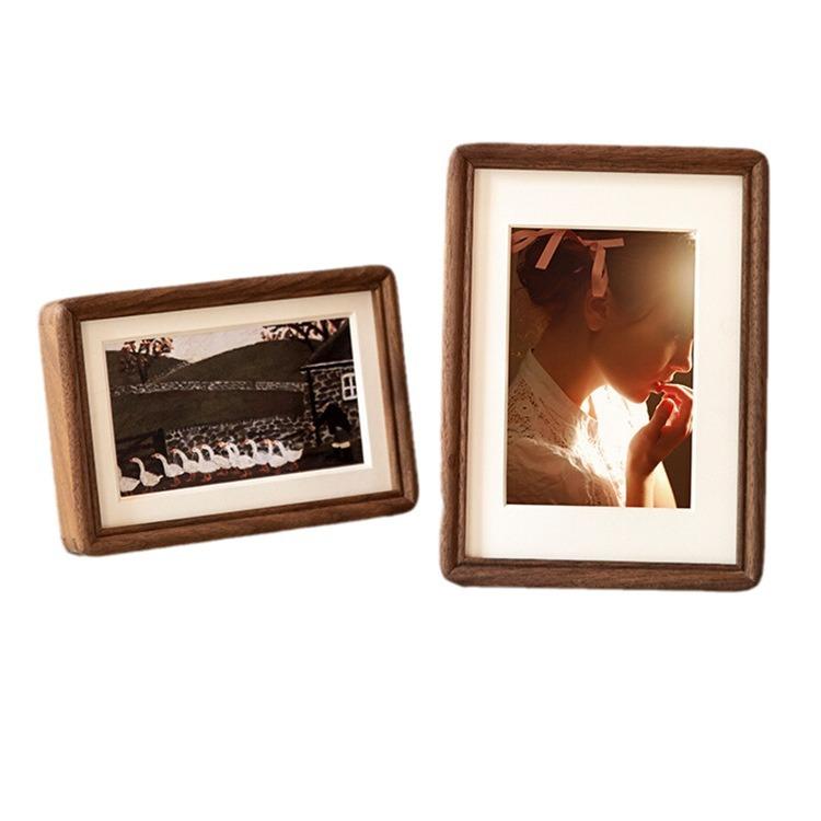 Retro Handmade Wooden Photo Frame with Passe-Partout, Vertical/Horizontal Standing Desktop Picture Frame Hanging Wall Decor