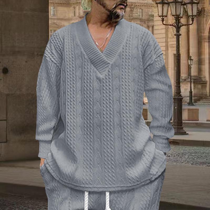 2025 Men's Casual Autumn V-neck Jacquard Knit Sweater - Loose Long Sleeve Pullover