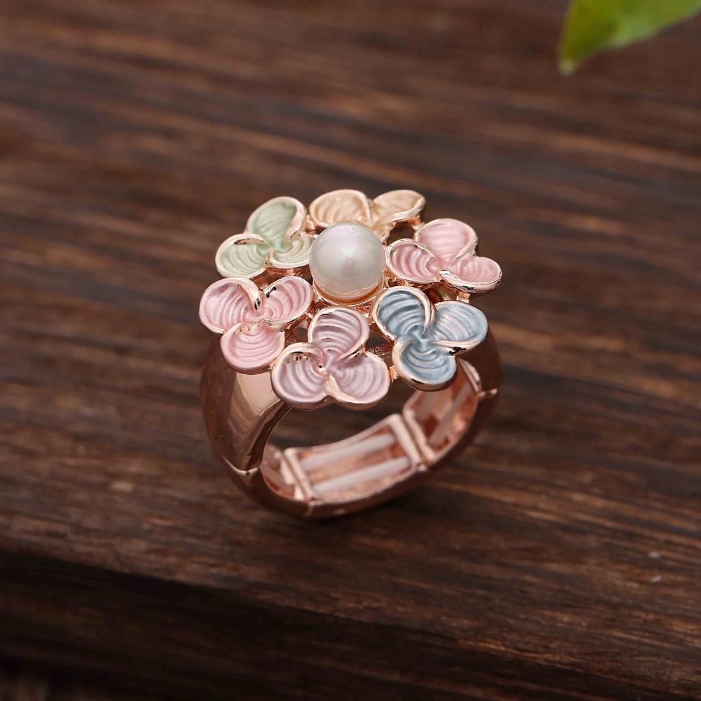 Enamel Geometric Flower Elastic Ring, Women's Fashion High-end Rose Alloy Ring