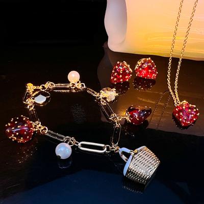 Strawberry Necklace Bracelet Earring Set Texture Fruit Dopamine Necklace Earnail Bracelet Set Jewelry Gift