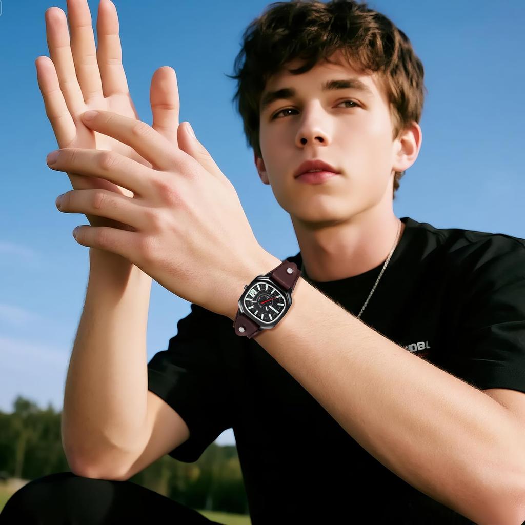 Unisex Square Wristwatch with Leather Strap: Waterproof Analog Quartz Movement, Genuine Leather, Punk Fashion Watch - Perfect Gift for Halloween,