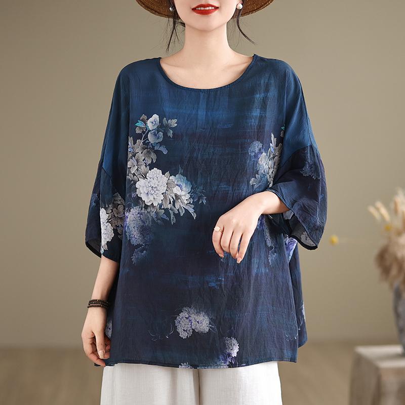 DIMANAF 2024 Sommer Plus Größe Frauen T-Shirts Drucken Floral Elegante Batwing Sleeve Tops Tees Lose Beiläufige Leinen Hemd 91685