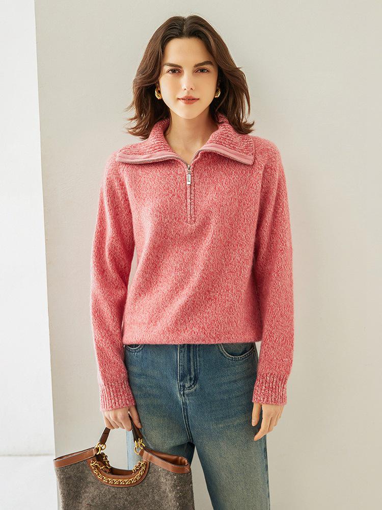 Women's Autumn/Winter Cashmere Lapel Half-Zip Sweater - Casual Knit Pullover