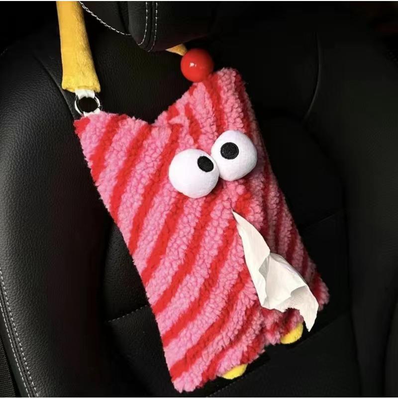Car-mounted Tissue Box, Hanging Monster-shaped Car Seat Back Tissue Holder, Car Tissue Drawer, Interior Decoration red stripes