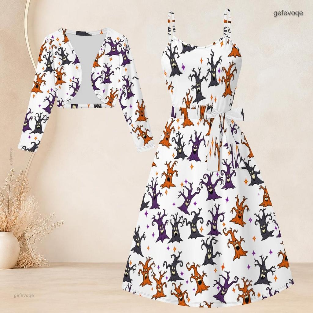 Women Plus Size Two Piece Set Long Sleeve Cropped Shrug Strappy Tie Waist Scarecrow Print White Long Dress
