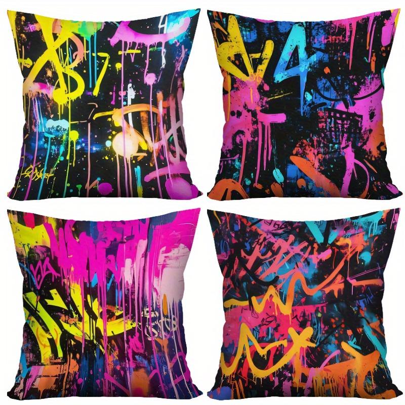 4Pcs Street Art Neon Colors Digital Printing Pillow Cover Short Plush Suitable Living Rooms Bedrooms Sofas Throw Cushion Cover