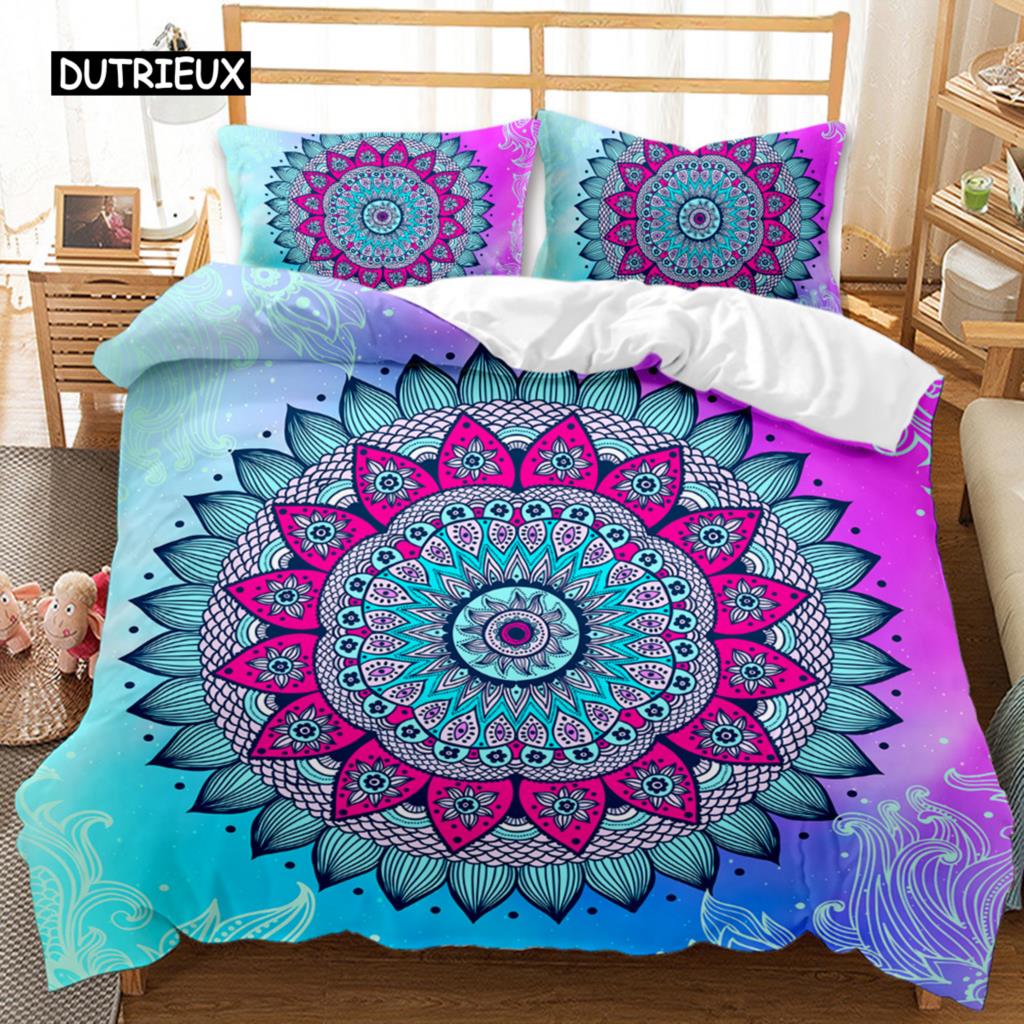 Bohemian Style Mandala Bed Cover Queen Size Size Tie Dye Spiral Bed Cover Hippie Boho Bed Ensemble Exotic Floral Premium Polyester Qulit Cover