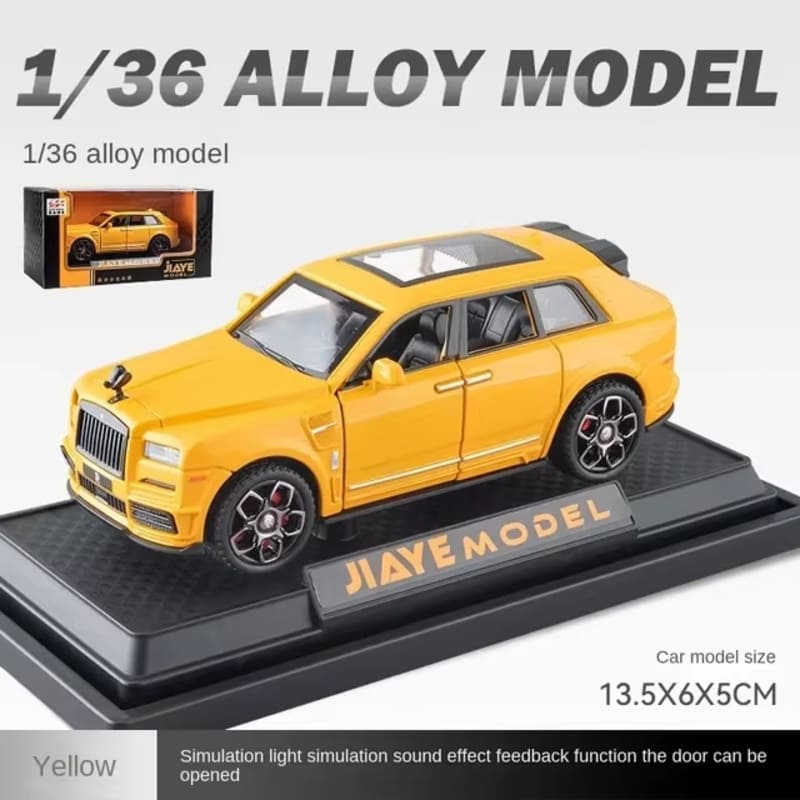 

1:36 Модель автомобіля Cullinan зі сплаву. Лита під тиском іграшка зі звуком і світлом. Транспортний засіб. Іграшка. Звук і світло. Дитячий подарунок. Модні аксесуари. жовтий
