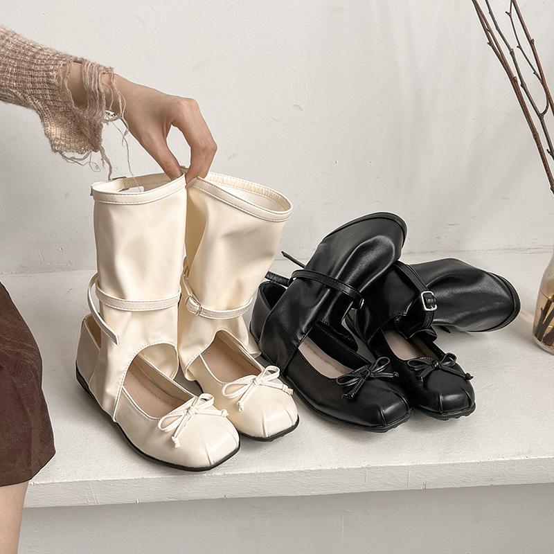 2025 Summer Women's Retro Square Head Bow Ballet Hollow Medium Tube Thick-soled Western Boots Female Woman Shoes Sandals