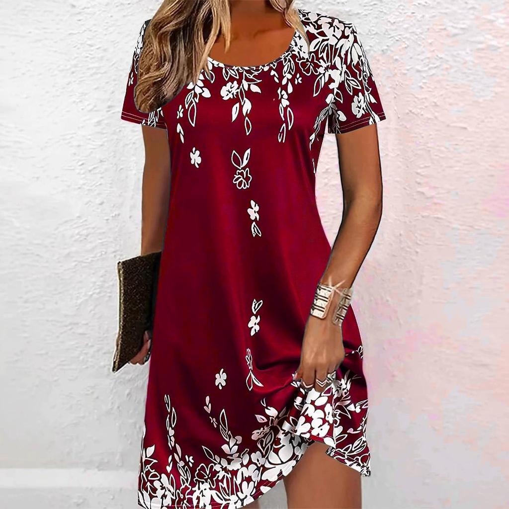 Elegant Floral Pattern Women Mini Dresses Summer Short Sleeve Printed Plus Size Casual Comfortable Soft Dress