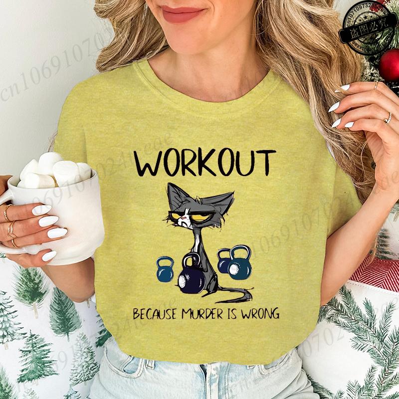 Women's Casual T-Shirts Graphic Tee BLACK CAT WORKOUT BECAUSE MURDER IS WRONG Print T-Shirts Casual Tee Comfortable Clothes
