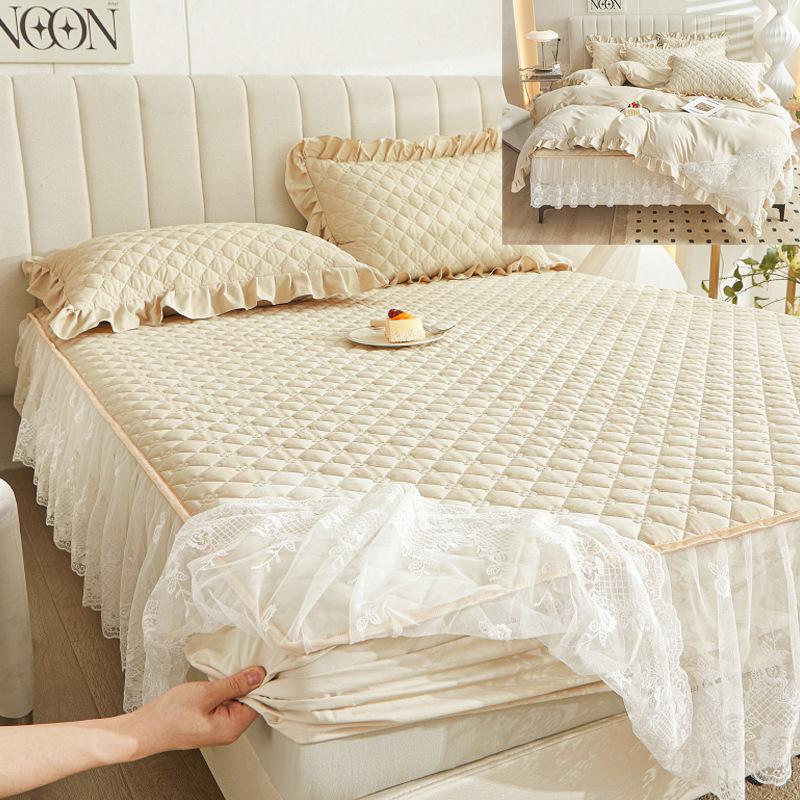 Colcha de renda estilo princesa, quatro estações, peça única, grossa, acolchoada, lavável, antiderrapante