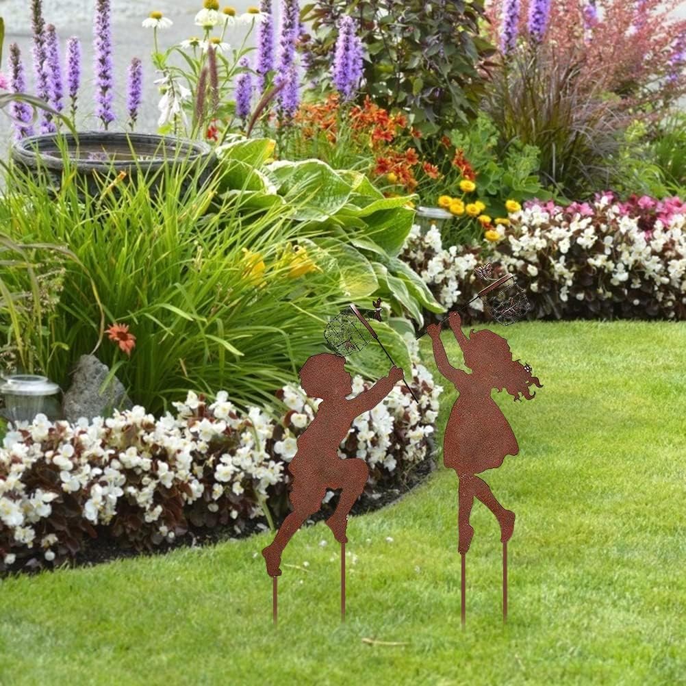 Vintage Metal Garden Silhouette Sculpture - 1 Pair Boy Girl Catching Butterfly Decorative Stakes, Outdoor Decor, Yard Art Stakes for Spring