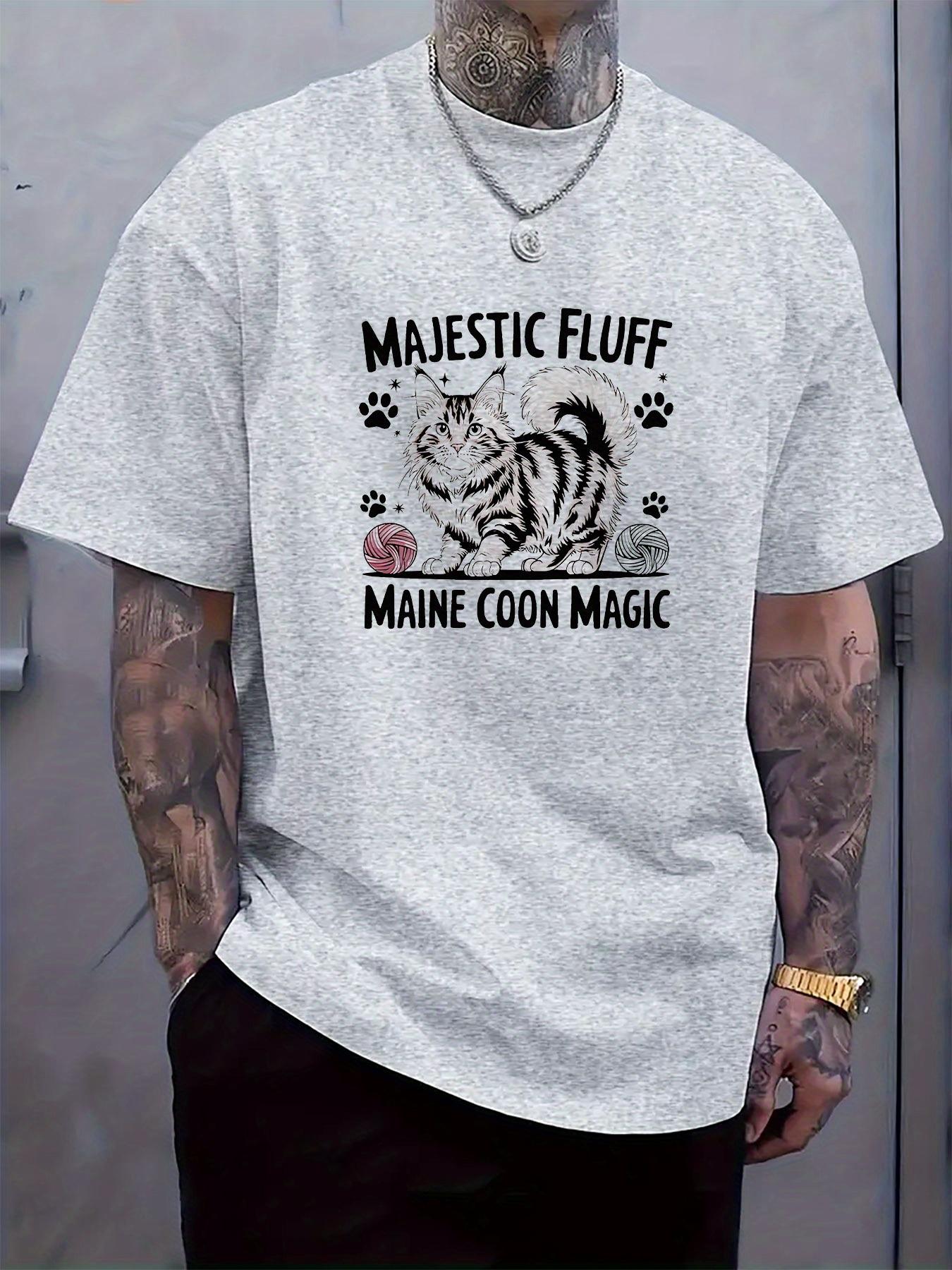 Majestic Fluff Maine Coon Magic Graphic Tee - Casual Crew Neck Short Sleeve T-shirt with Playful Cat & Paw Print Design S