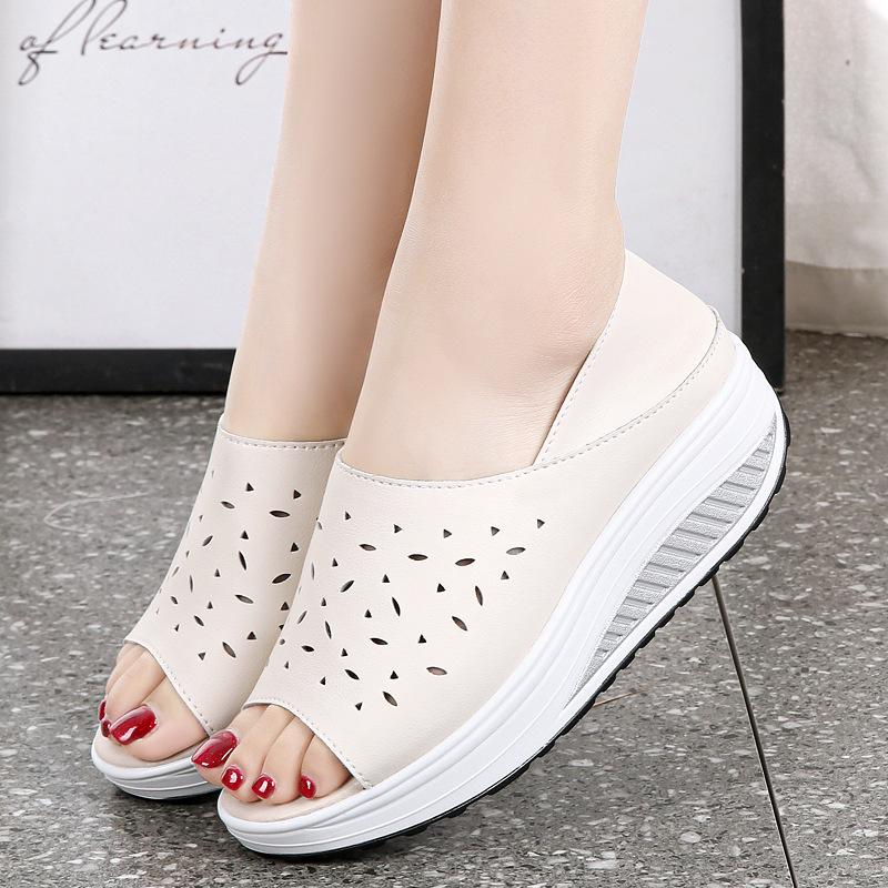 Genuine Leather Women's Sandals Summer Platform Wedges Ladies Shoes Hollow Out Breathable Women Sandals Slippers