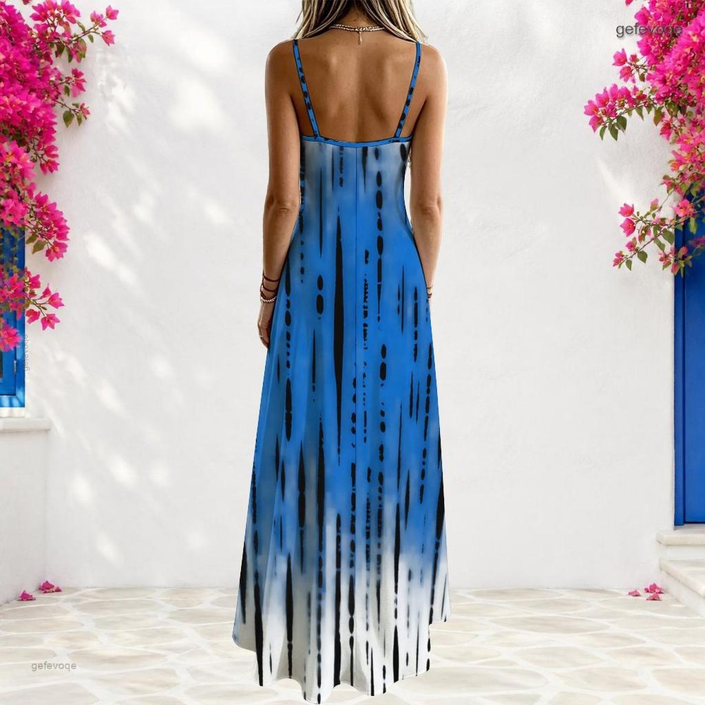 Women Plus Size Off Shoulder V Neck Strappy Sleeveless Printed A Line Maxi Dress