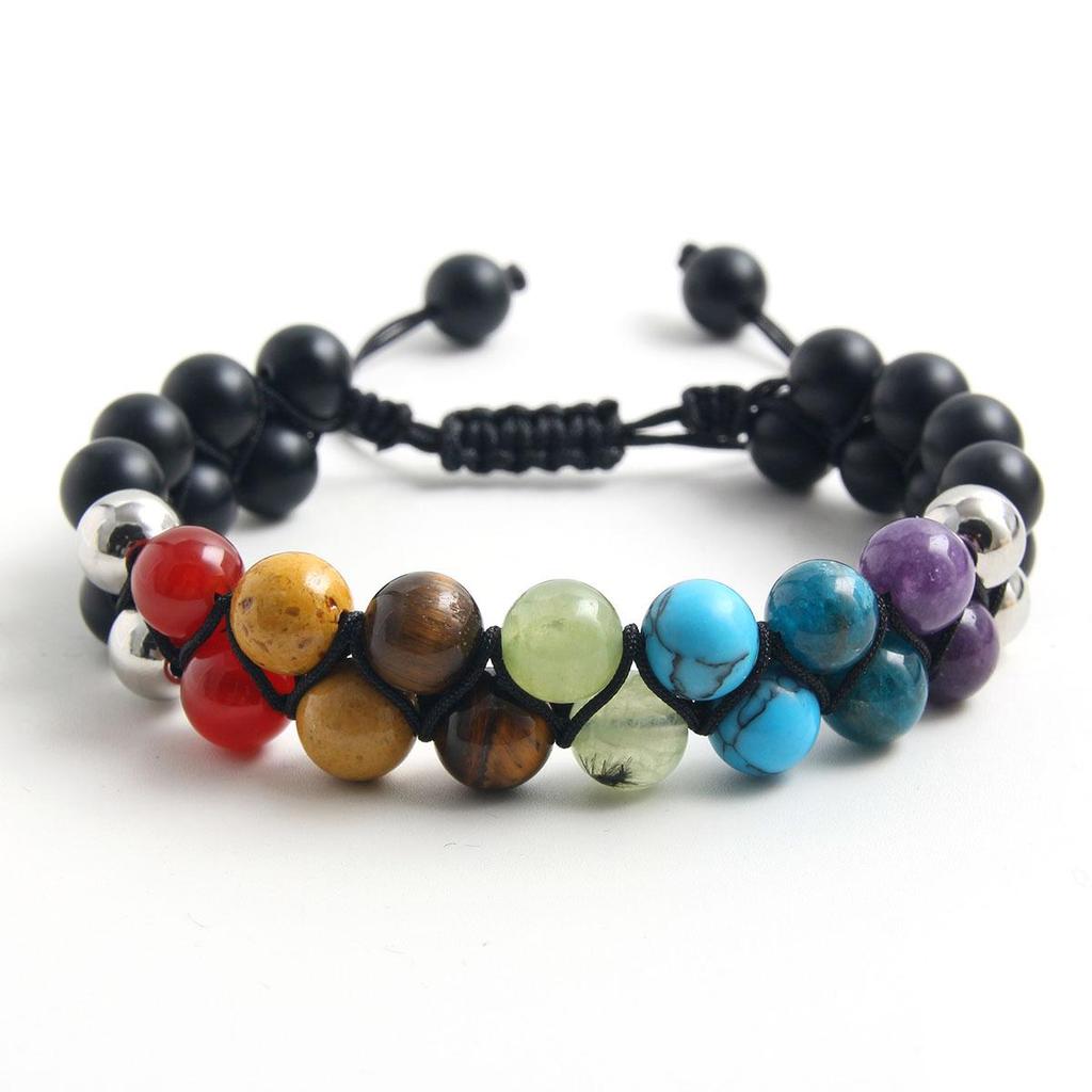 Seven-Color Stone Beaded Bracelet: Agate, Yellow Tiger Eye, Double-Layer Adjustable Woven Rope.