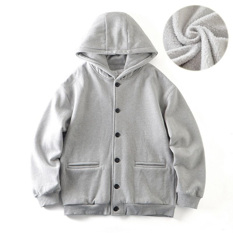 American Retro Heavy Weight Heavy Weight Cardigan Hoodie Male Fleece-lined Thickened Export Men s Knitting Jacket Outwear Light Gray XL