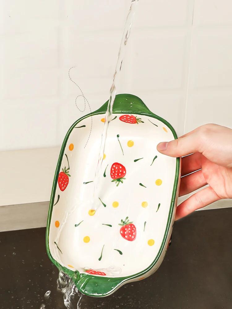 Binaural Ceramic Rectangular Baking Plate Cheese Baked Rice Plate Household Salad Plate Cute Printed Baking Bowl Utensils