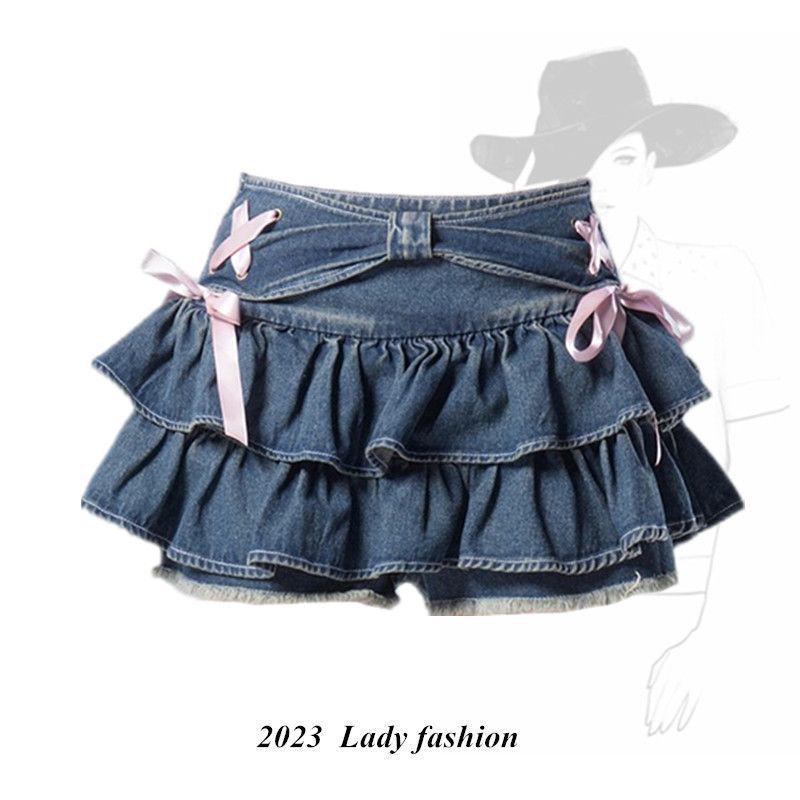

Korean Style Blue Pleated Denim A-Line Midi Skirt with Slimming Effect for Women M