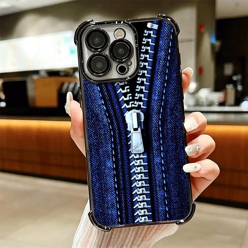 Retro Zipper Jeans Pattern Soft Phone Case For iPhone 15 16 17 Air 14 Pro Max 16E Plus 13 12 Mini Plating Anti-Fall Fundas
