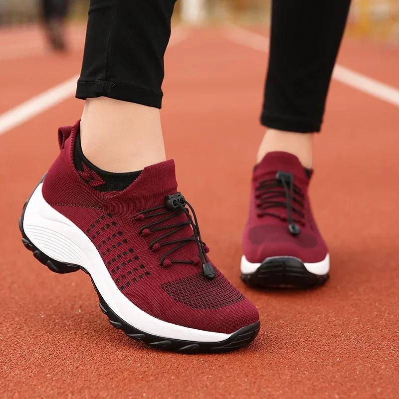 Women Walking Shoes Fashion Sock Sneakers Breathe Comfortable Nursing Footwear Woman Chunky Platform Height Increasing Loafers