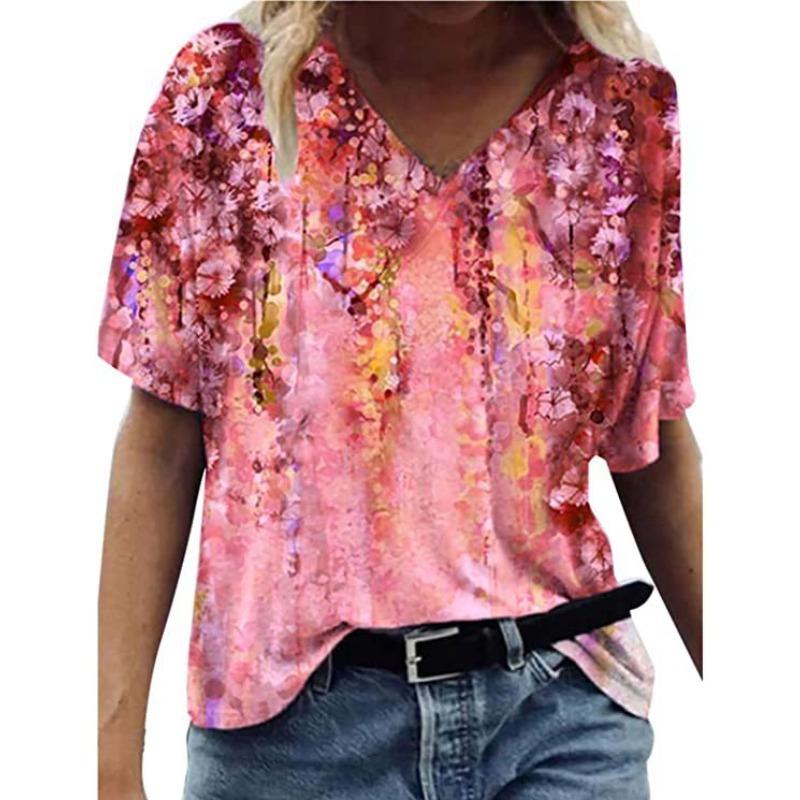 Summer V-neck 3D Abstract Printed Top Fashionable Casual Short Sleeved Women's T-shirts