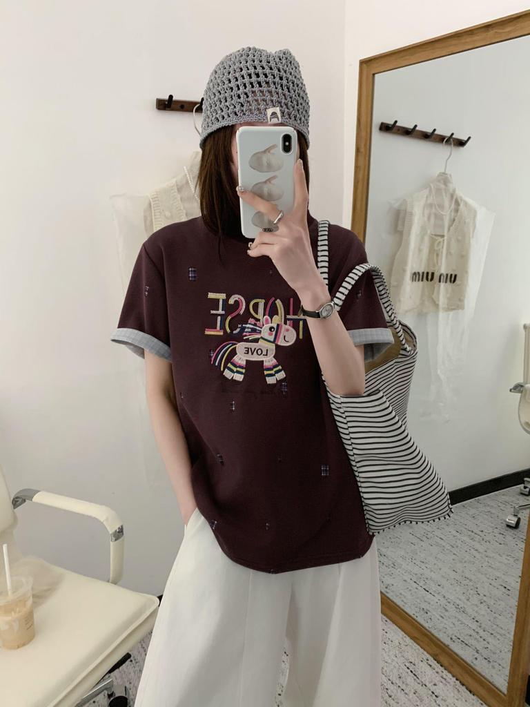 2026 Korean Style Embroidered Cartoon Letter Women's Loose Cotton T-Shirt, Casual Short Sleeve Top for Spring/Summer.