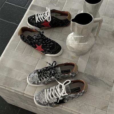 2025 New Silver Gray Sequined Black Star Old Small Dirty Shoes Casual Lace-up Retro Niche German Training Board Shoes Women