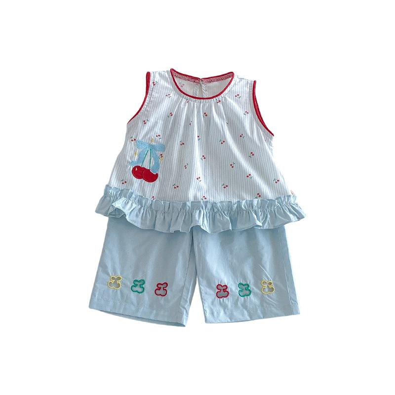 Girls Cherry Star Patch Vest And Polka Dot Pants Set Cute Baby Summer Casual Two Piece Outfit For Kids
