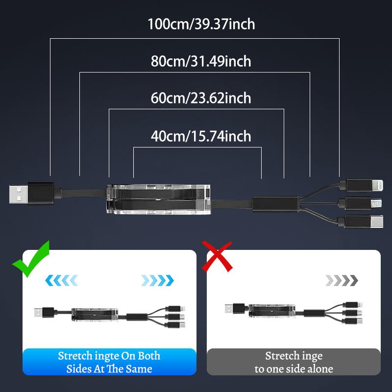 3-in-1 Retractable USB Type C Micro USB Charging Cable For Mobile Phone Charger Cable 39.37inch Fast Charging Cable