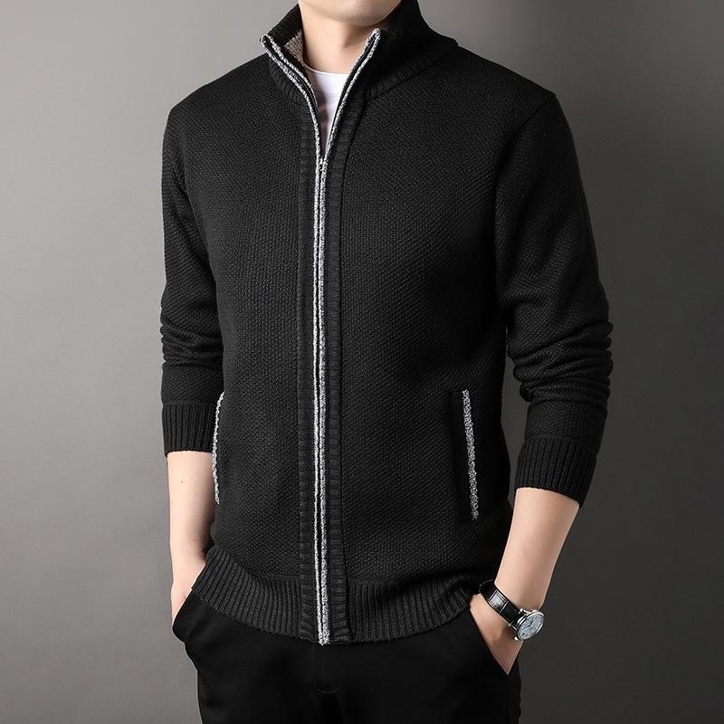 Men's Stand Up Collar Knit Sweater Autumn Spring Cardigan Tops Korean Slim Solid Color Sweatercoat Jacket