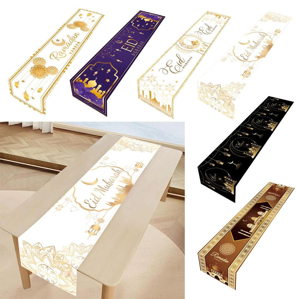 Eid Mubarak Table Runner Islamic Muslim Star Moon Polyester Table Cloth for Home Dining Room Celebration Festival Kitchen