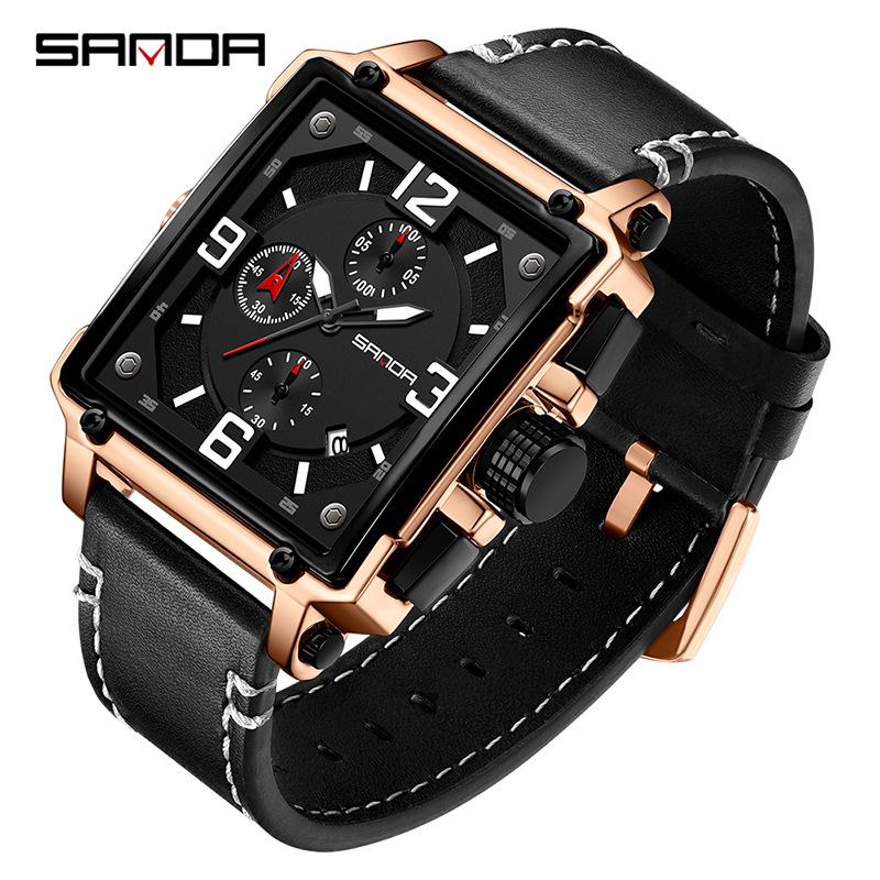 SANDA Men s Quartz Watch with Calendar, Chronograph, and Leather Strap - Waterproof and Fashionable.