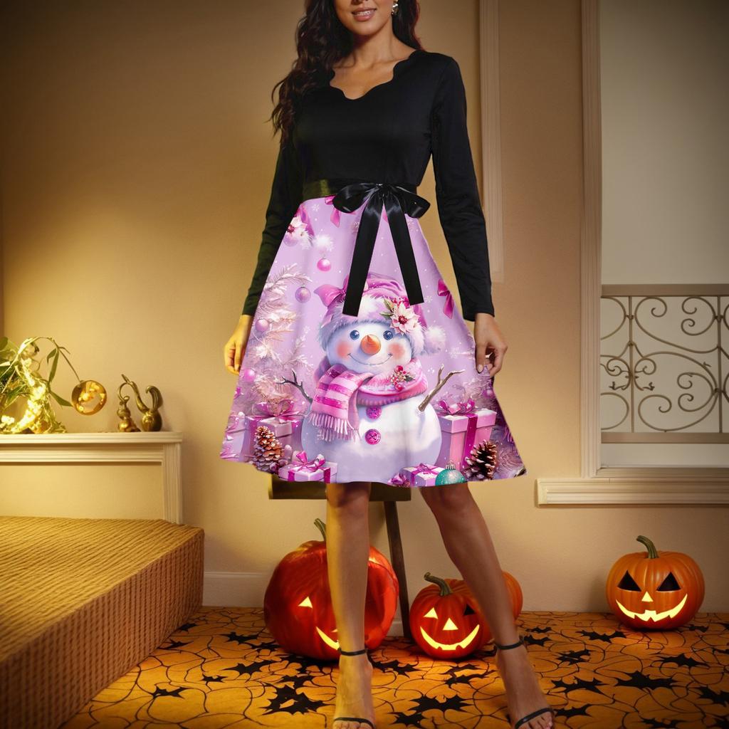 Dámské ležérní módní šaty s výstřihem do V, dlouhým rukávem a retro vánočním potiskem