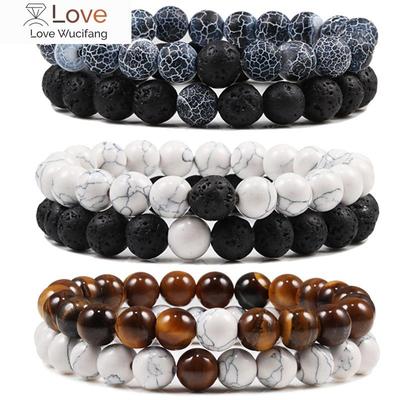Set Bracelet Couples Distance Black White Natural Lava Stone Tiger Eye Beaded Yoga Bracelets for Men Women Elastic Rope Jewelry