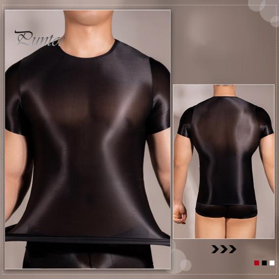 Men T-shirt Thin High Elasticity Round Neck Short Sleeves Slim Fit Good Breathability See-through Glossy Surface Top