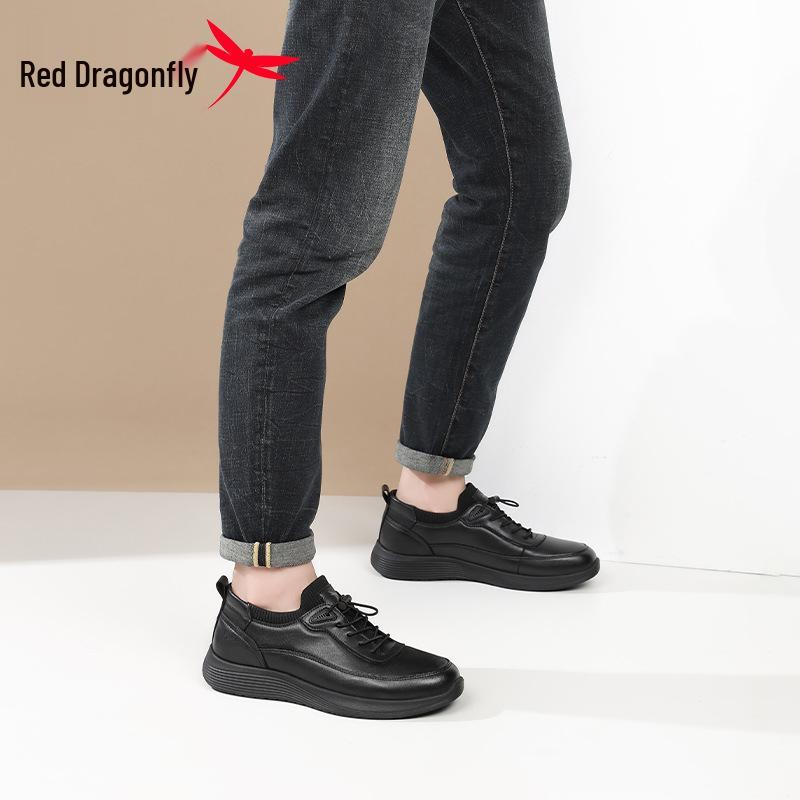 Red Dragonfly Men's 2025 Slip-On Leather Sports Shoes - Comfortable, Non-Slip, Waterproof Travel Shoes in Black