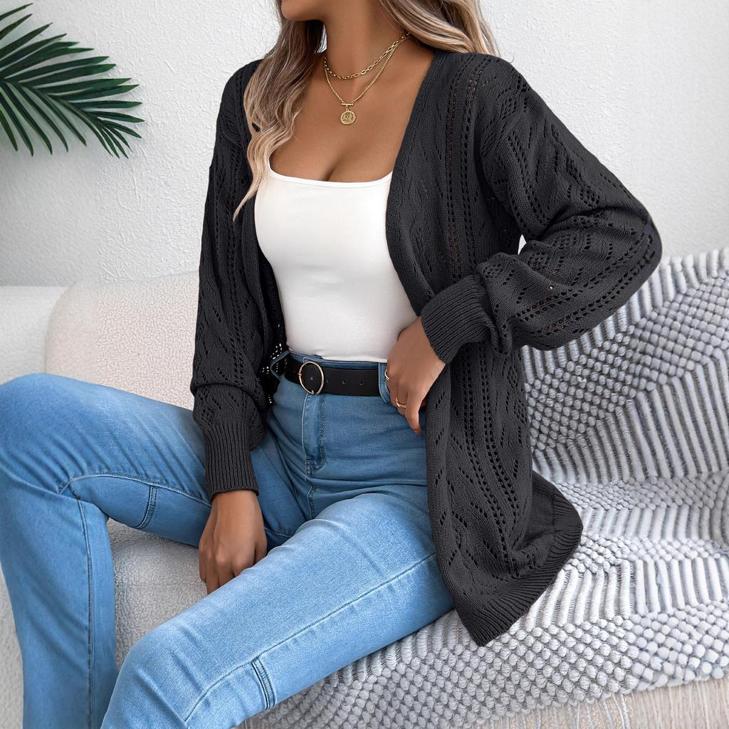 Early Autumn Casual Hollowed-out Lantern Long-sleeved Cardigan Sweater Mid-length Coat Women's Clothing
