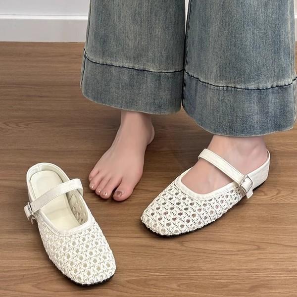 Soft leather model~ inner height increase hollow bag head half slippers women's summer outer wear woven Muller cool slippers beach shoes