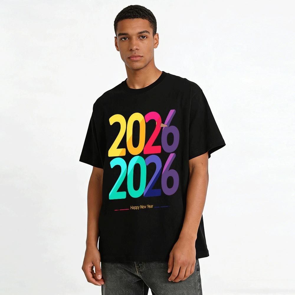 2026 New Year Themed Color Block Digital Print Casual Versatile Top Pure Cotton T-shirt