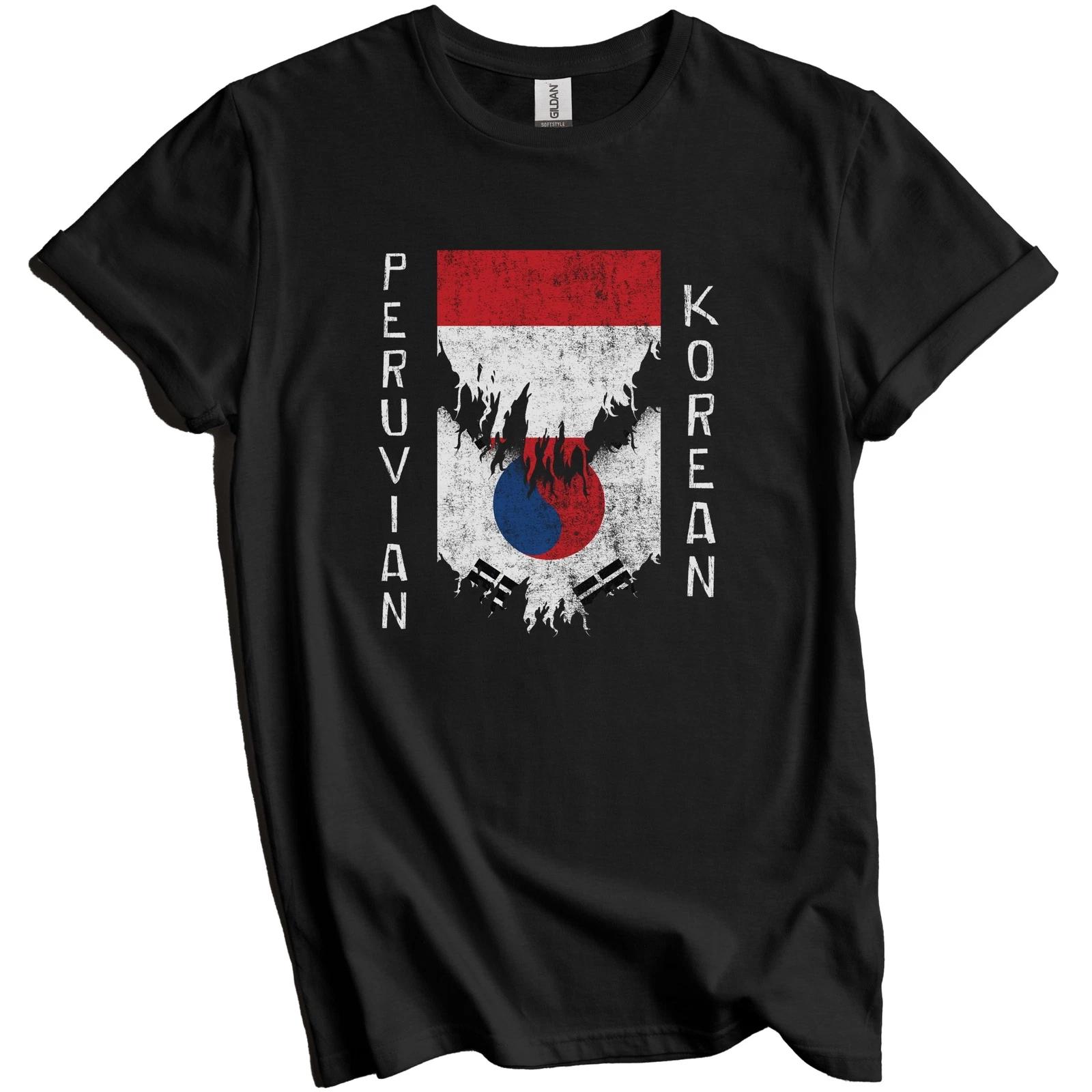 Peruvian Korean Flags Ripped Torn Peru South Korea T-Shirt 4XL