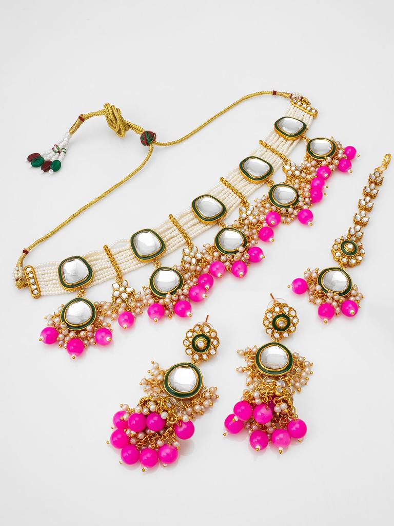 Gold-Plated Pink & White Stone-Studded & Beaded Handcrafted Jewellery Set