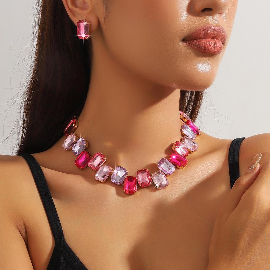 Collar de Cristal Rosa Colorido con Diamantes Completos - Estilo Europeo y Americano