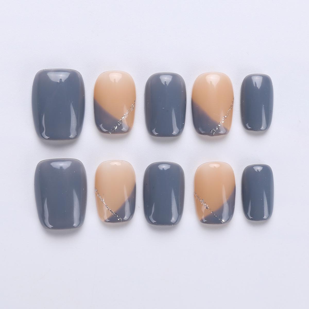 Handmade Gray-Blue Color-Block Press-On Nails, Short Square Design, Removable False Nails Medium