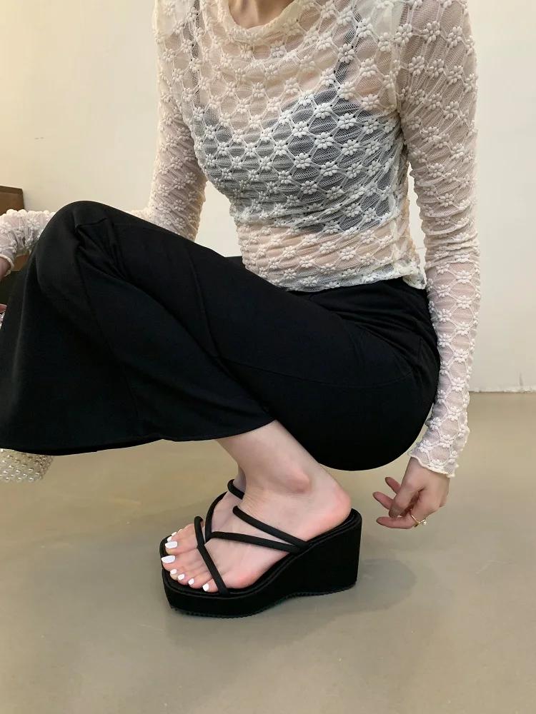 Fashion Eilyken Street Style Design Narrow Band Square Toe Platform Wedge High Heels Woman Slippers Fashion Slide Shoes